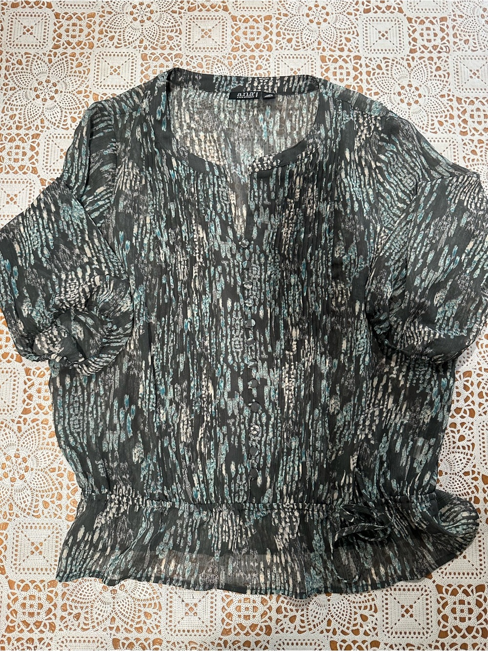 a.n.a. Petite PXL Abstract Print Sheer Peplum Blouse Teal Black Gray